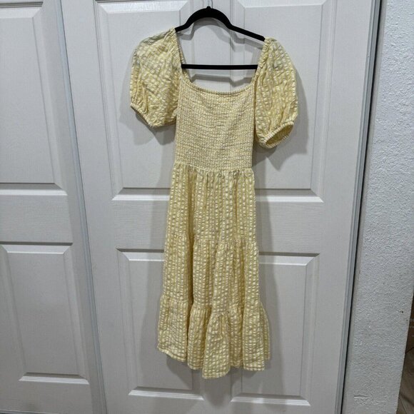 And Now This Women's‎ Yellow Gingham Puff-Sleeve Cotton Tiered Dress Medium - Picture 1 of 7